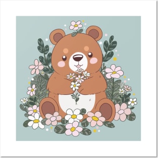 Cute brown bear holding flowers Posters and Art